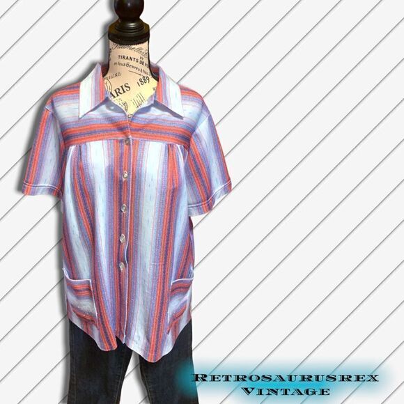 vintage 1970’s Polyester Mod Striped Plus Size Tent Blouse, 2X - Picture 3 of 8
